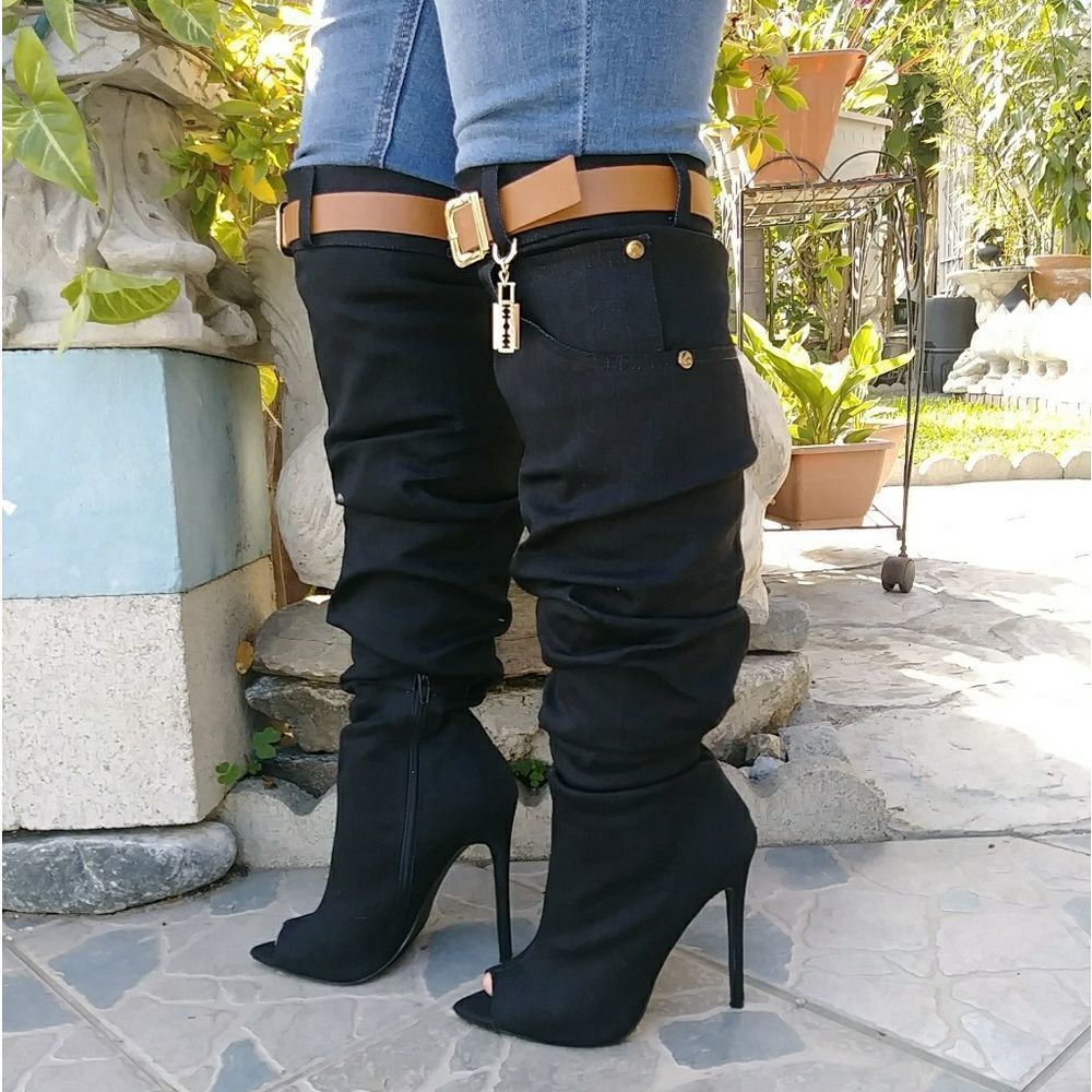Black Slouch Knee High Jeans Belt Boot